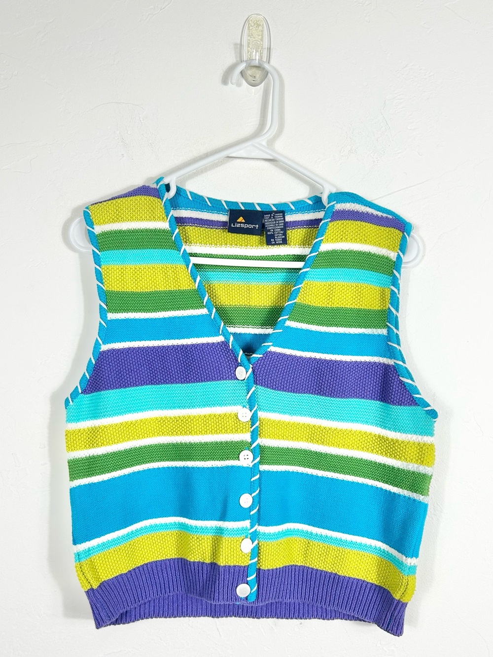 Lizsport Vintage Striped Sweater Vest Size S Cotton Button Front Multi Color
